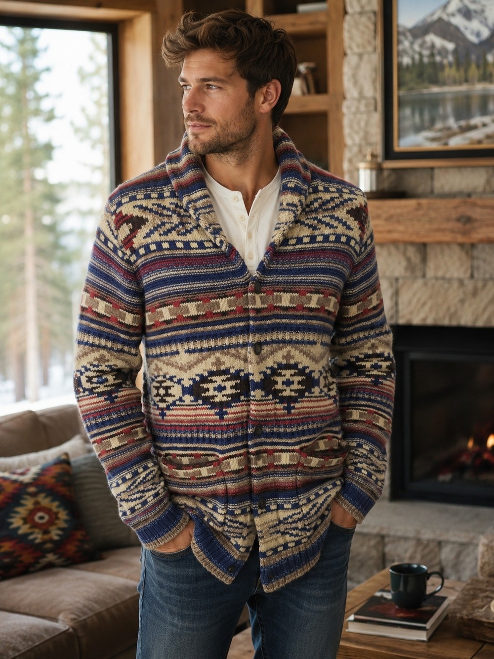 American Eagle Shawl Collar Southwestern Aztec Knit Cardigan Sweater L